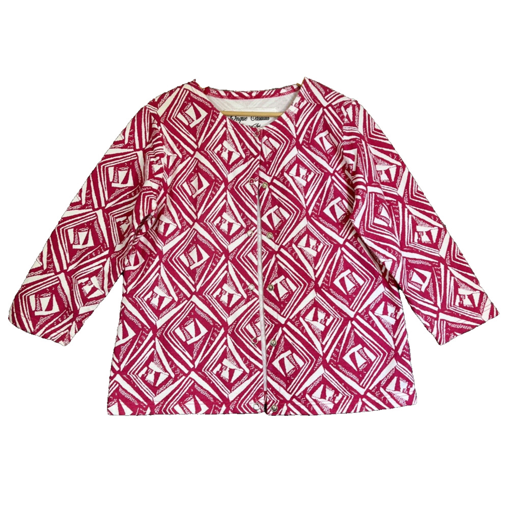 Onque Casuals Cardigan Size Large Pink/White Geometric Snap Front Cotton Terry